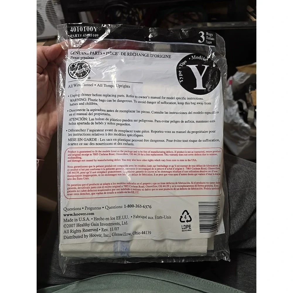 Genuine Hoover Type Y WindTunnel Tempo Upright Vacuum Bags 3-Pack Unopened New